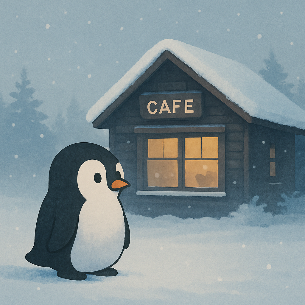 雪のカフェ前で立つ姿